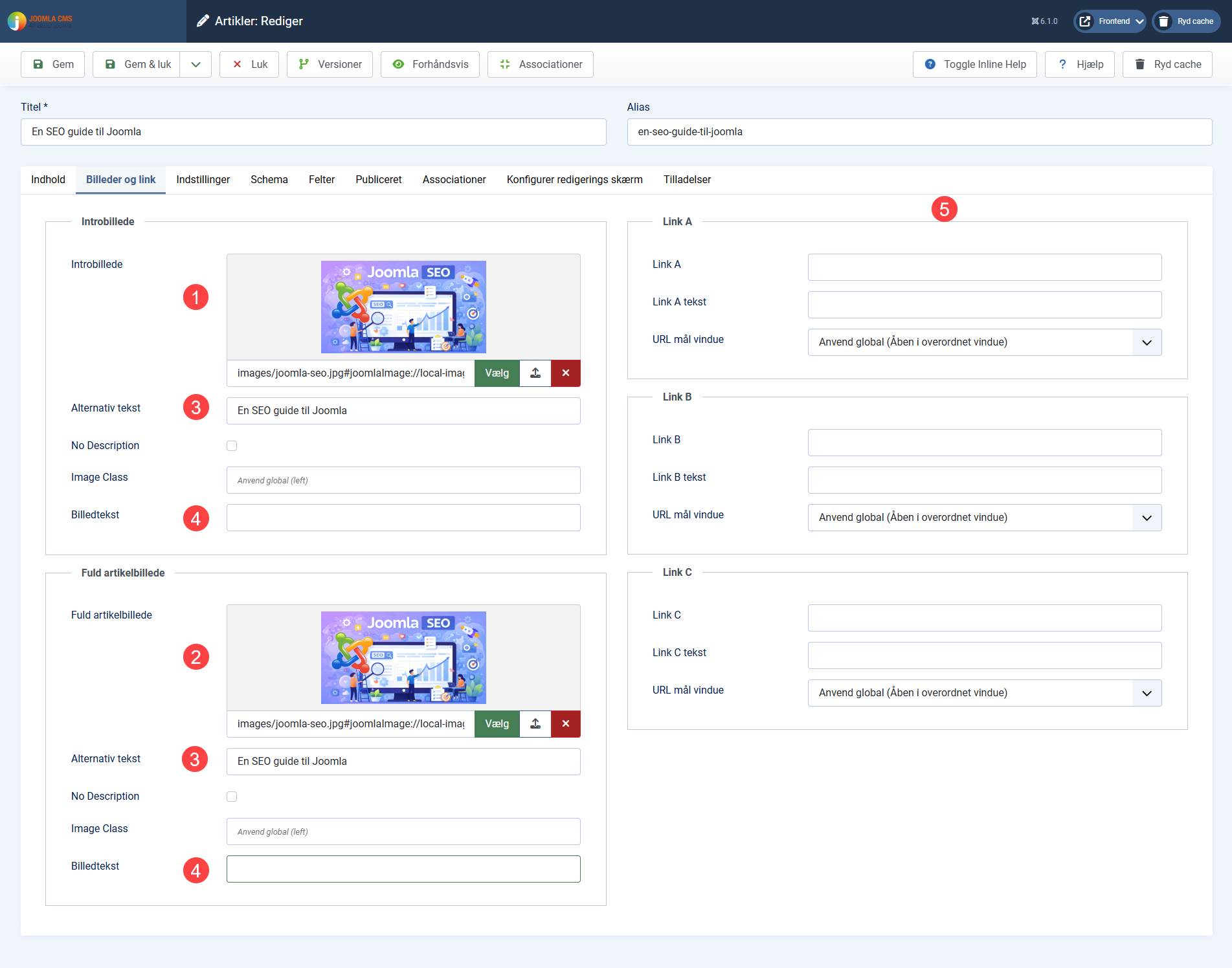 Artikler i Joomla billeder og links
