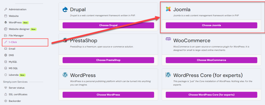 Joomla auto-installer på simply.com