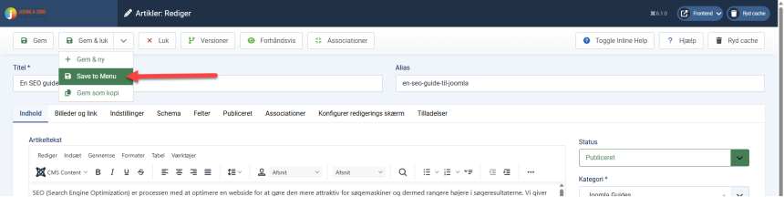 Menuen: sådan bliver artiklen synlig
